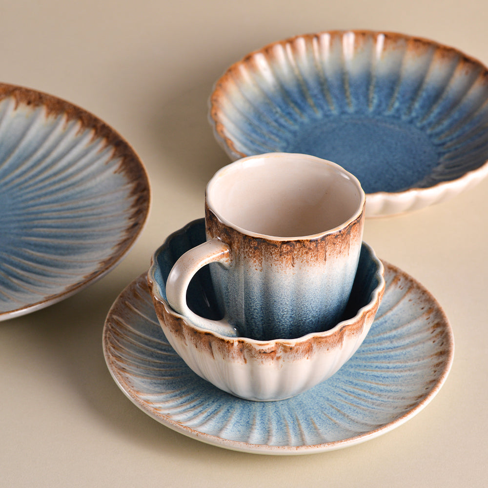 Tongera Blue Brown Gradient Scalloped Ceramic Dinnerware Set - Textured Elegance for Brunch & Tea